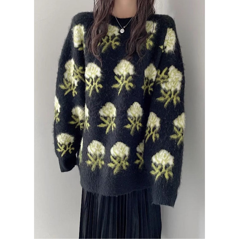Black O-Neck Cozy Ma Hai Mao Knit Sweaters Long Sleeve