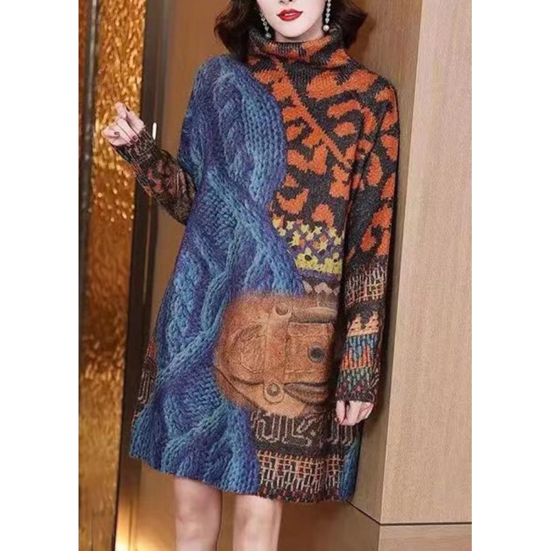 Blue Cozy Patchwork Mink Hair Knitted Mid Dress Turtleneck Long Sleeve