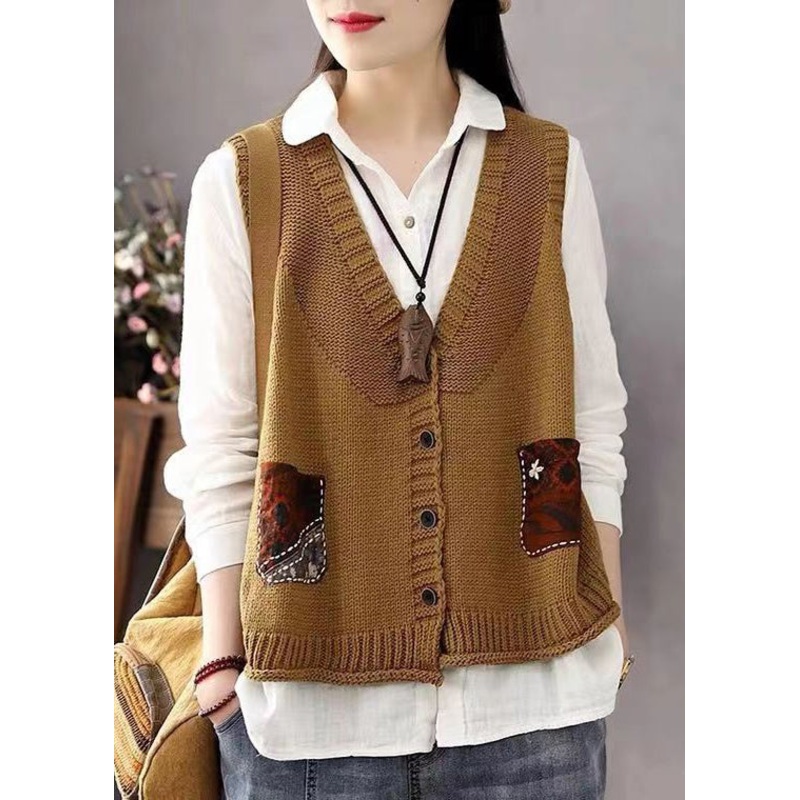 Bohemian Khaki Button Pockets Patchwork Cotton Knit Waistcoat Sleeveless