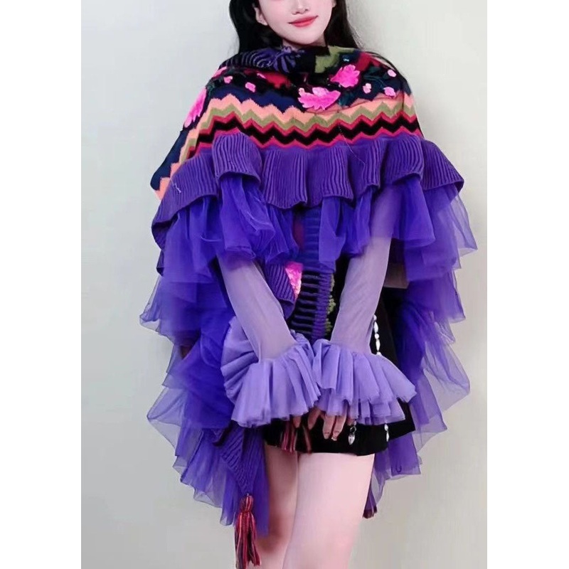 Bohemian Purple V Neck Tulle Patchwork Embroideried Knit Cape Long Sleeve