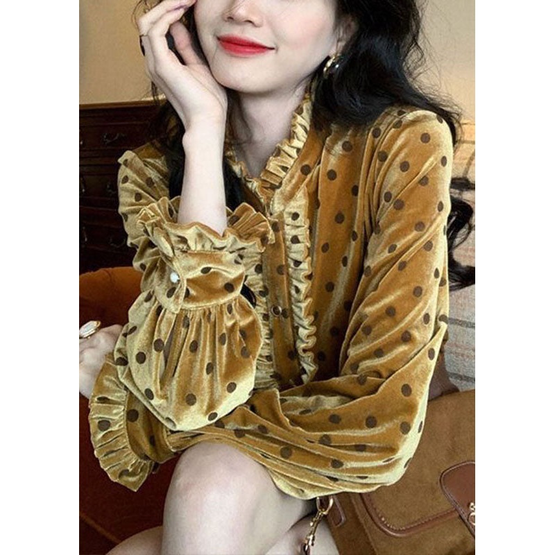 Bohemian Ruffled Patchwork Dot Print Button Silk Velour Shirt Long Sleeve