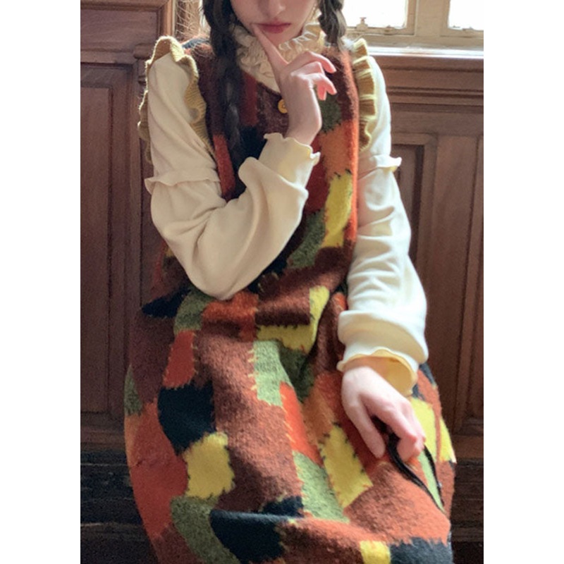 Boho Colorblock Ruffled Patchwork Cotton Knit Long Sweaters Dress Fall