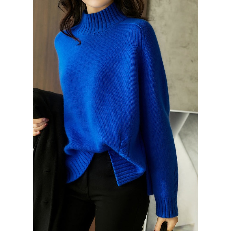 Boutique Blue Hign Neck Thick Patchwork Knitted Sweaters Winter