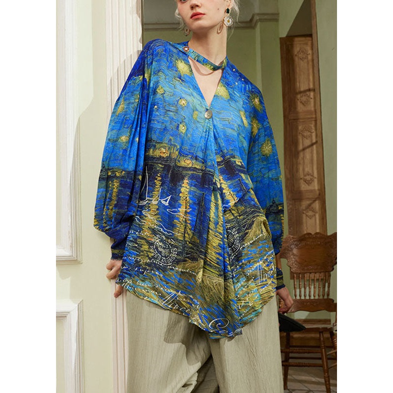 Boutique Blue V Neck Print Wrinkled Shirts Long Sleeve