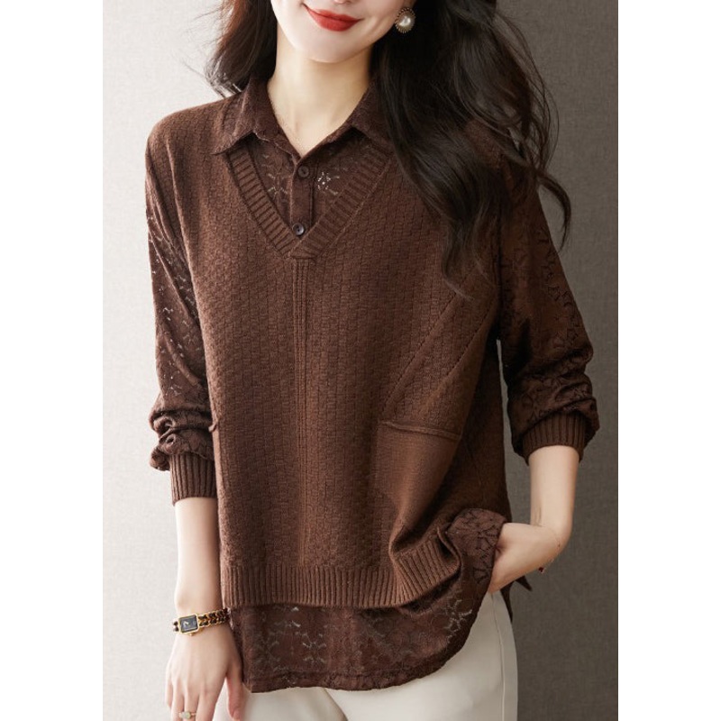 Boutique Coffee Peter Pan Collar False Two Pieces Woolen Knit Shirts Fall