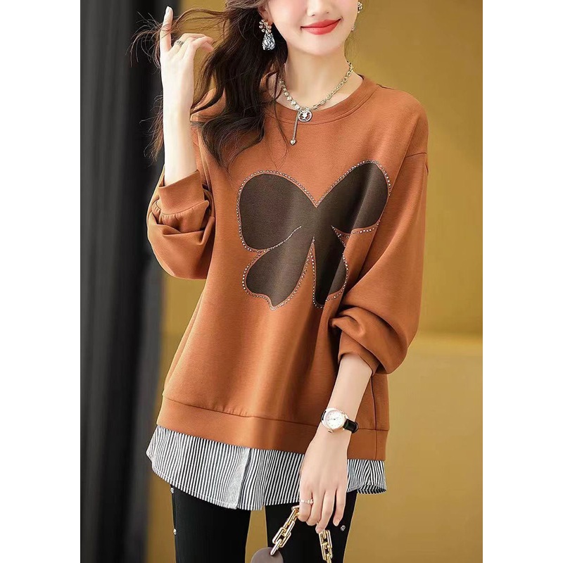 Boutique Orange Striped Patchwork Zircon Fake Two Pieces Sweatshirt Long Sleeve