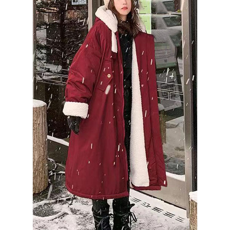 Boutique Red Zippered Pockets Fleece Wool Lined Thick Hooded Long Parka Winter