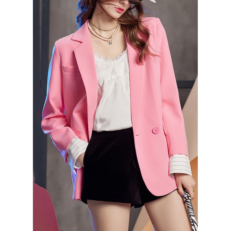 Brief Pink Notched Patchwork Button Fake Two Pieces Coats Long Sleeve