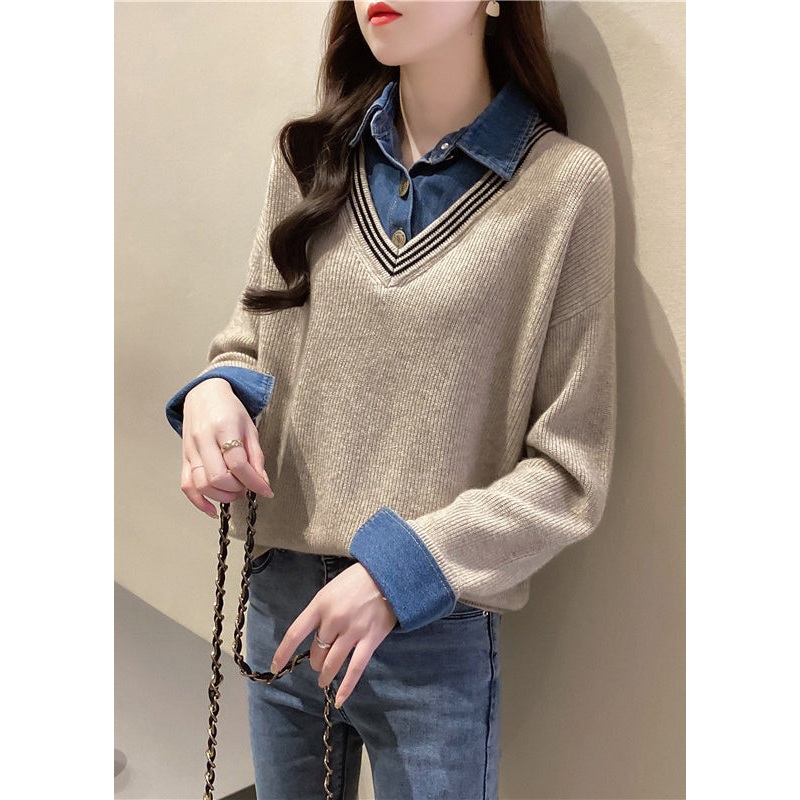 Casual Khaki Peter Pan Collar Denim Patchwork False Two Pieces Knit Shirt Fall