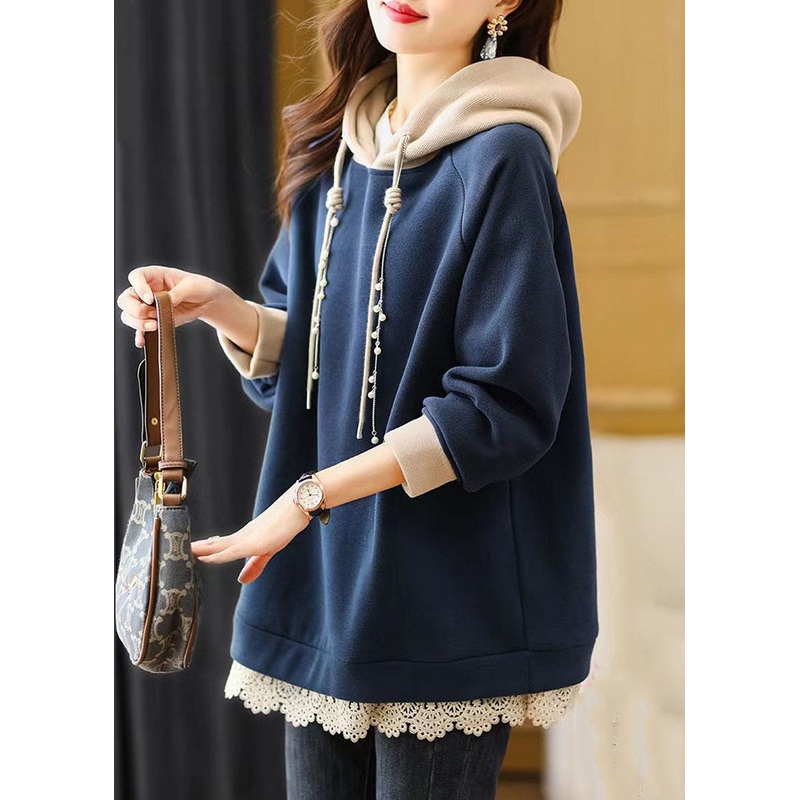 Casual Navy Blue Drawstring Lace Patchwork Fleece Hoodie Sweatshirt Fall