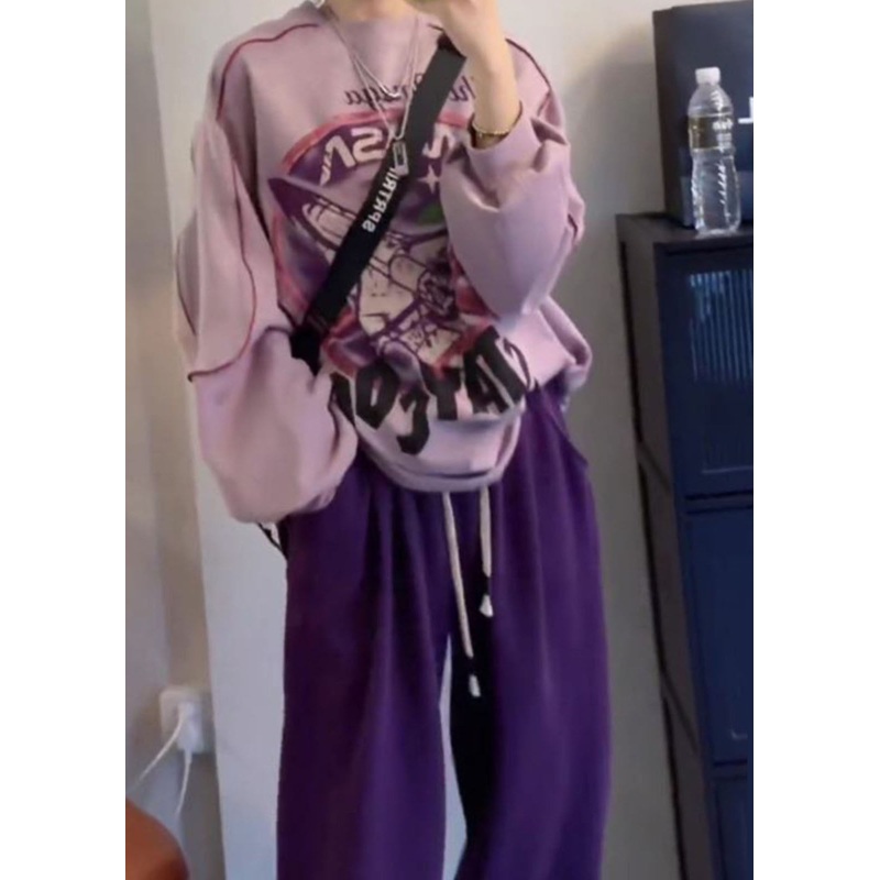 Casual Purple O-Neck Print Pullover And Beam Pants Two Piece Set Fall