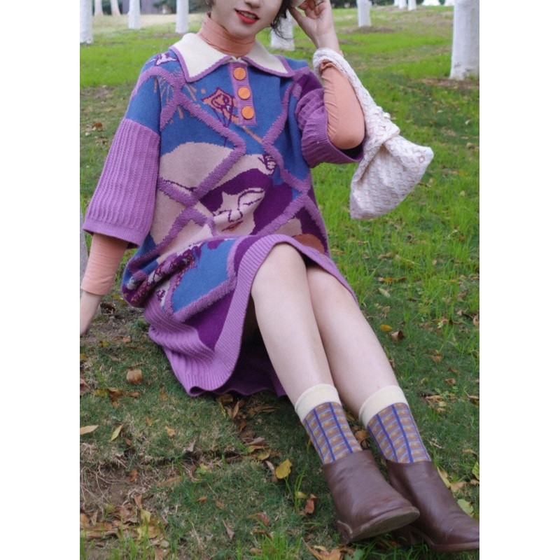 Casual Purple Peter Pan Collar Print Warm Cotton Knit Long Sweaters Dress Fall