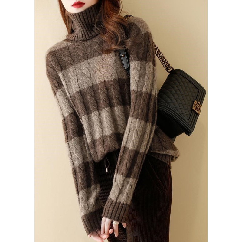 Chic Coffee Striped Hign Neck Thick Patchwork Knit Short Sweater Fall