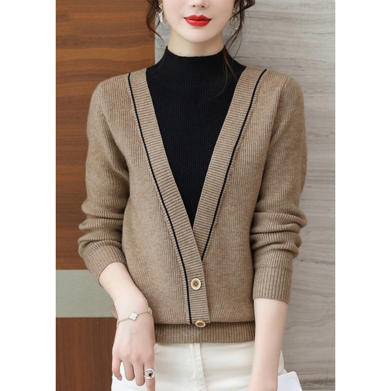 Chic Khaki Half Hign Neck False Two Pieces Knit Sweater Tops Fall