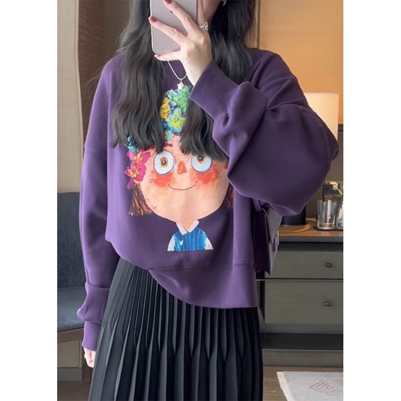 Chic Purple Print Fleece Sweatshirt Long Sleeve