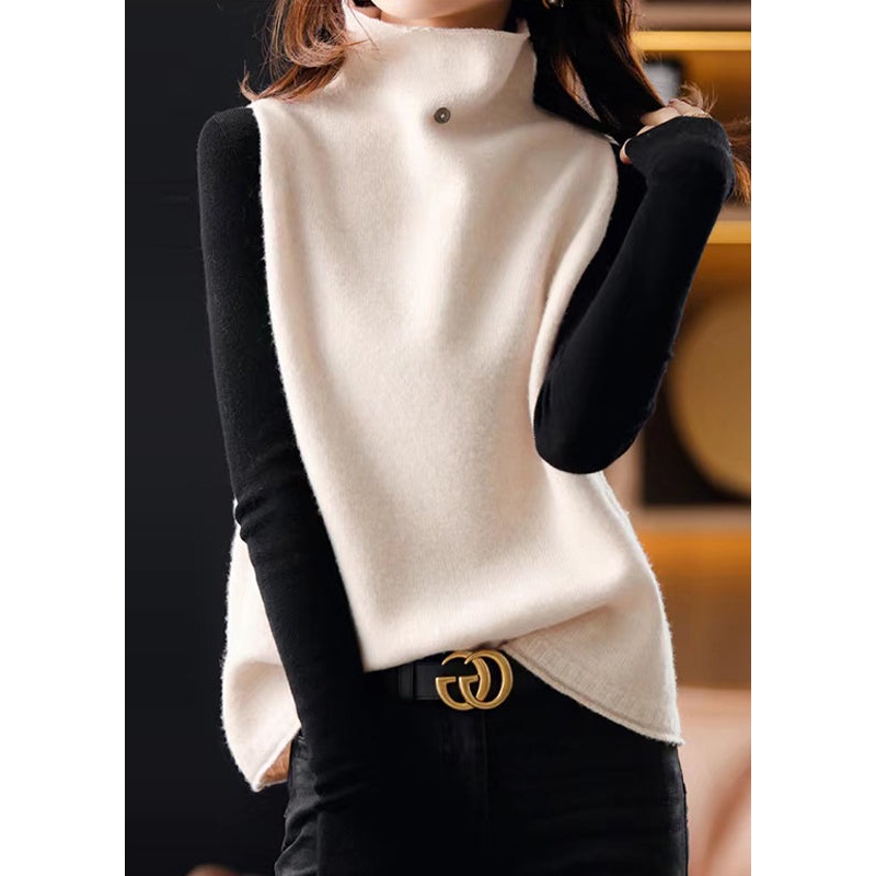 Classy Beige Hign Neck Patchwork Woolen Knit Vest Sleeveless