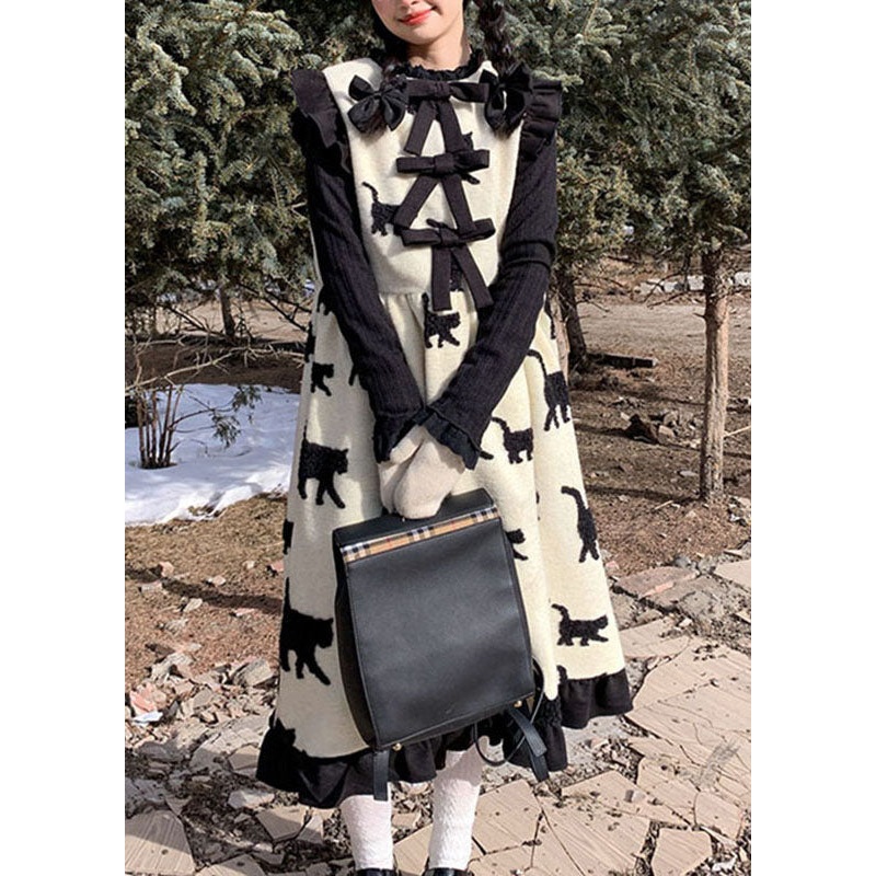 Classy Beige O-Neck Bow Cats Print Wrinkled Ruffled Patchwork Woolen Long Dress Fall