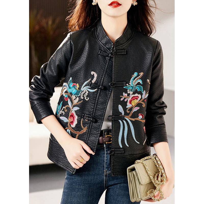 Classy Black Stand Collar Embroideried Floral Faux Leather Coats Long Sleeve