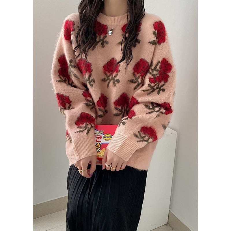 Cute Pink Floral Thick Ma Hai Mao Knit Sweaters Fall