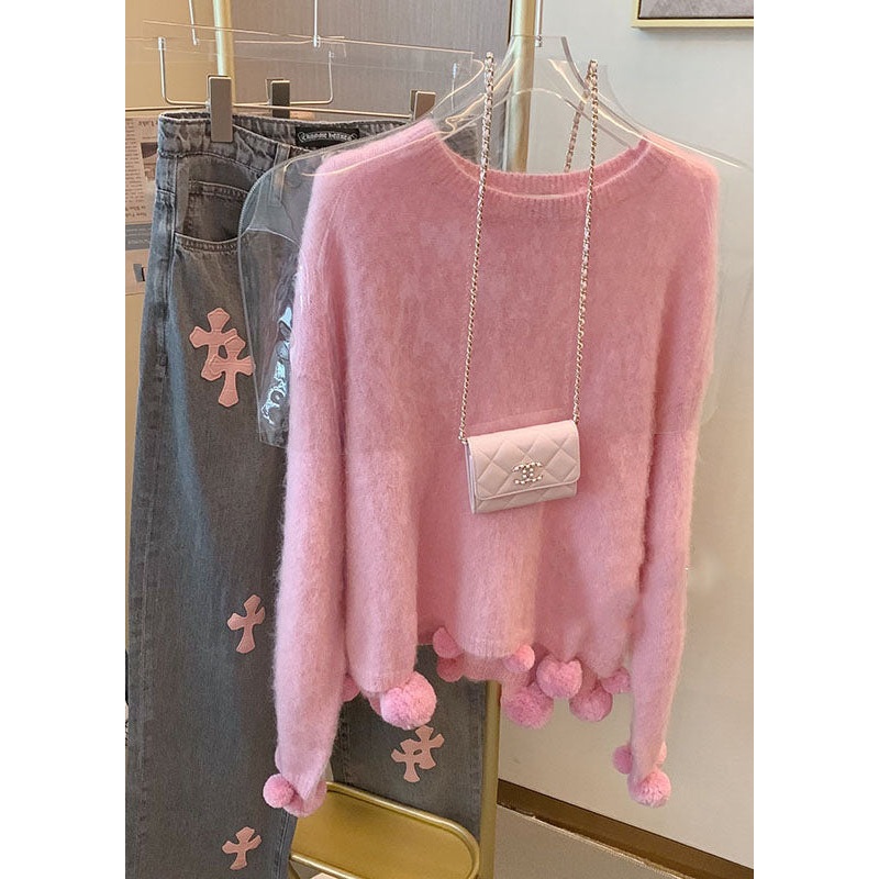 Cute Pink O-Neck Fuzzy Ball Decorated Warm Cotton Knit Sweaters Long Sleeve