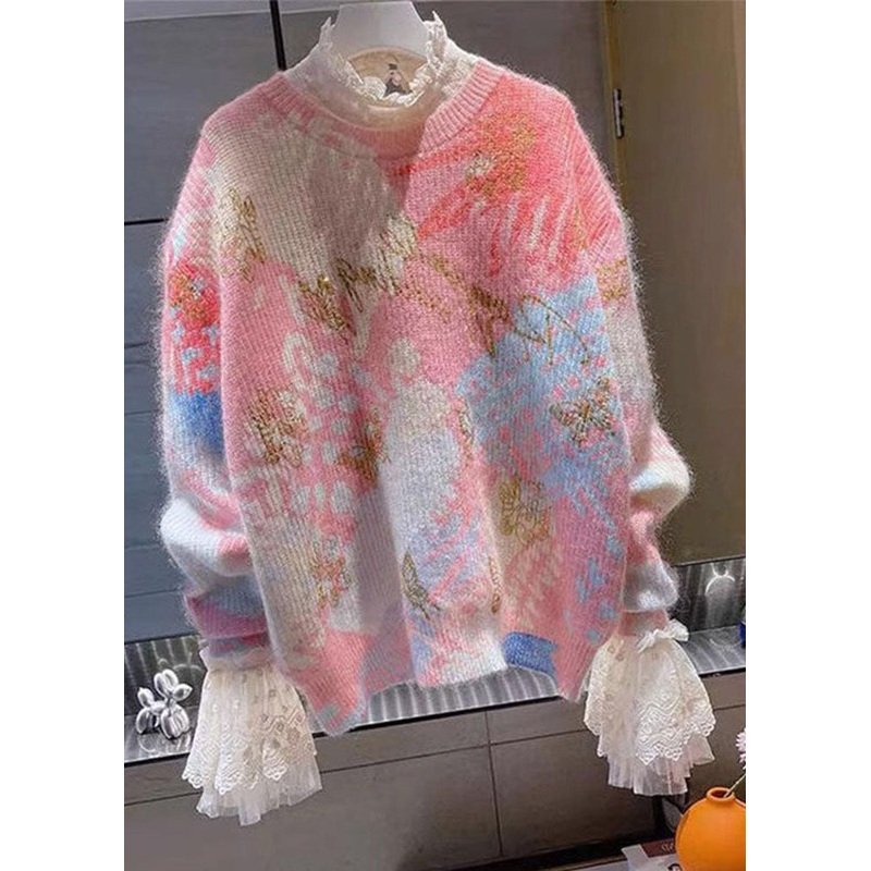 Cute Red O-Neck Print Lace Patchwork Cotton Knit Sweaters