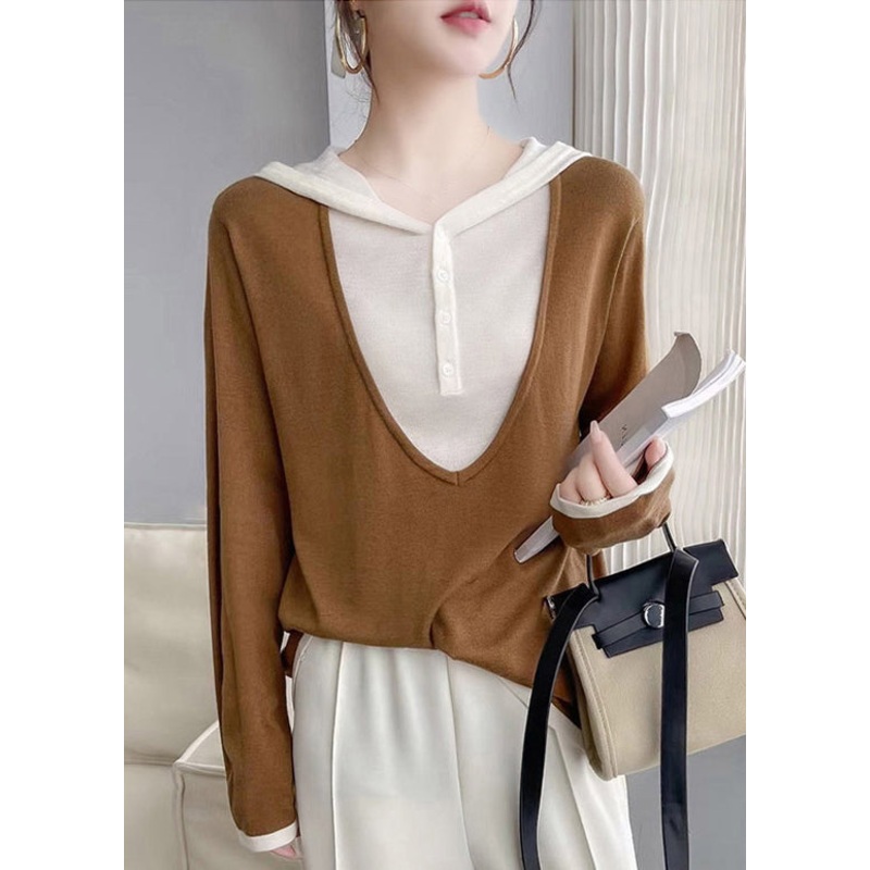 Elegant Coffee Hooded Patchwork False Two Pieces Cotton Knit Tops Fall
