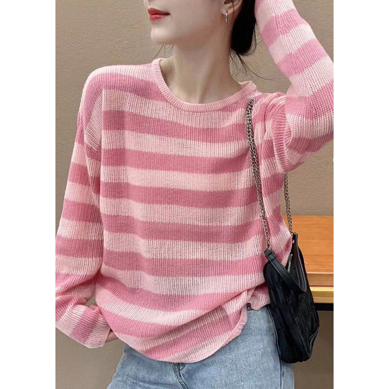 Elegant Pink Striped O Neck Cozy Knit Top Long Sleeve