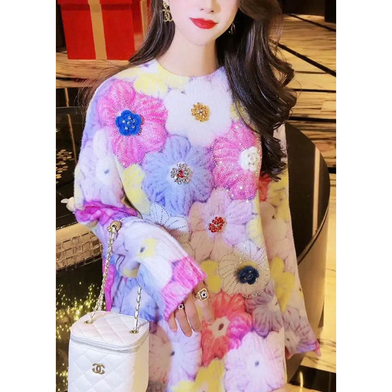 Elegant Zircon Floral Thick Cotton Knit Sweaters Long Sleeve