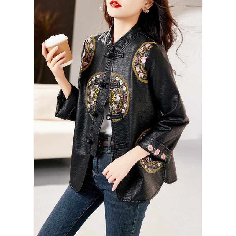 Fashion Black Stand Collar Embroideried Button Faux Leather Coats Fall