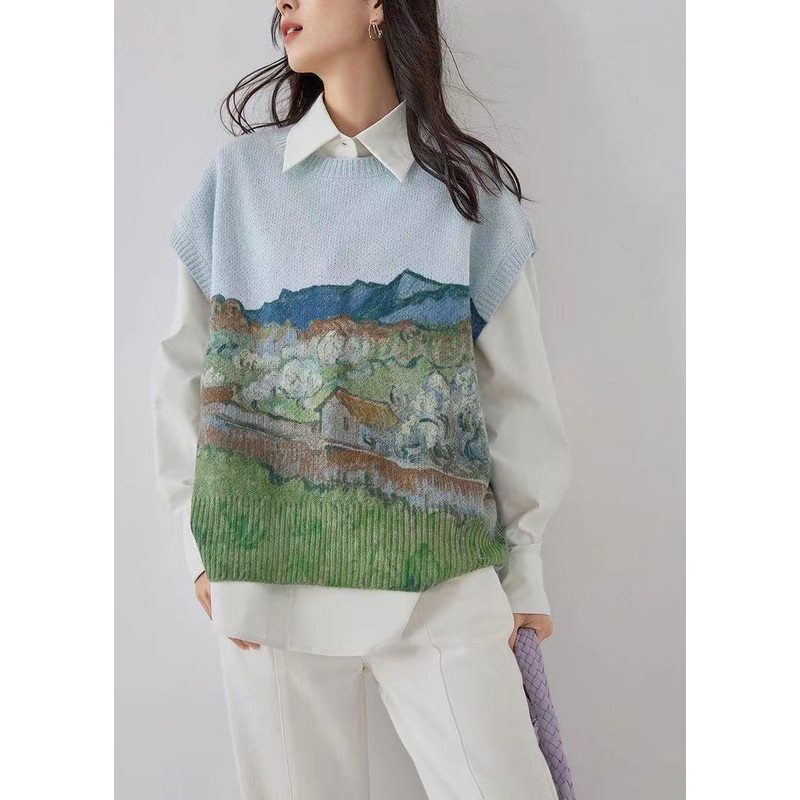 Fashion Blue Floral Cotton Knit Waistcoat Short Sleeve