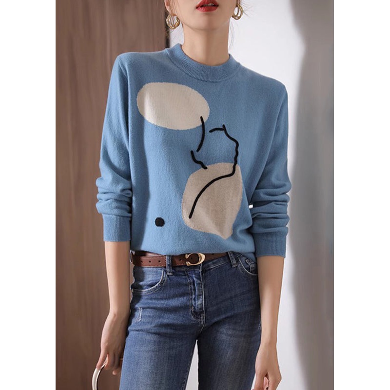 Fashion Blue O Neck Geometric Print Patchwork Knit Sweaters Fall