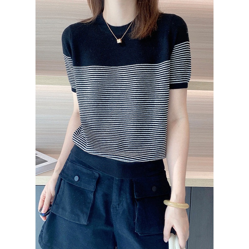 Fitted Black Striped O Neck Patchwork Cotton Knit Top Summer