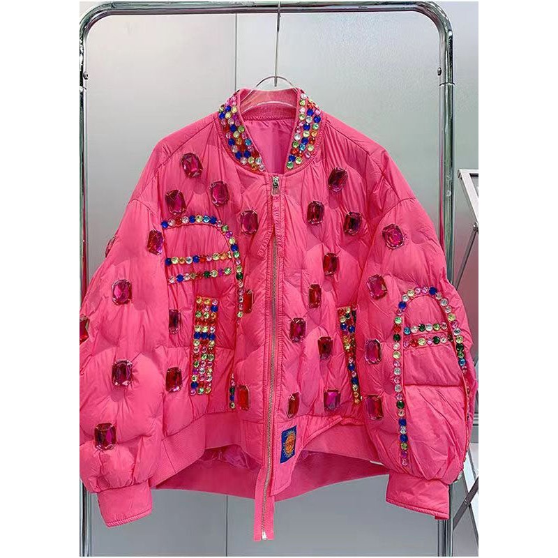 Fitted Rose O-Neck Nail Bead Zircon Duck Down Down Coat Winter