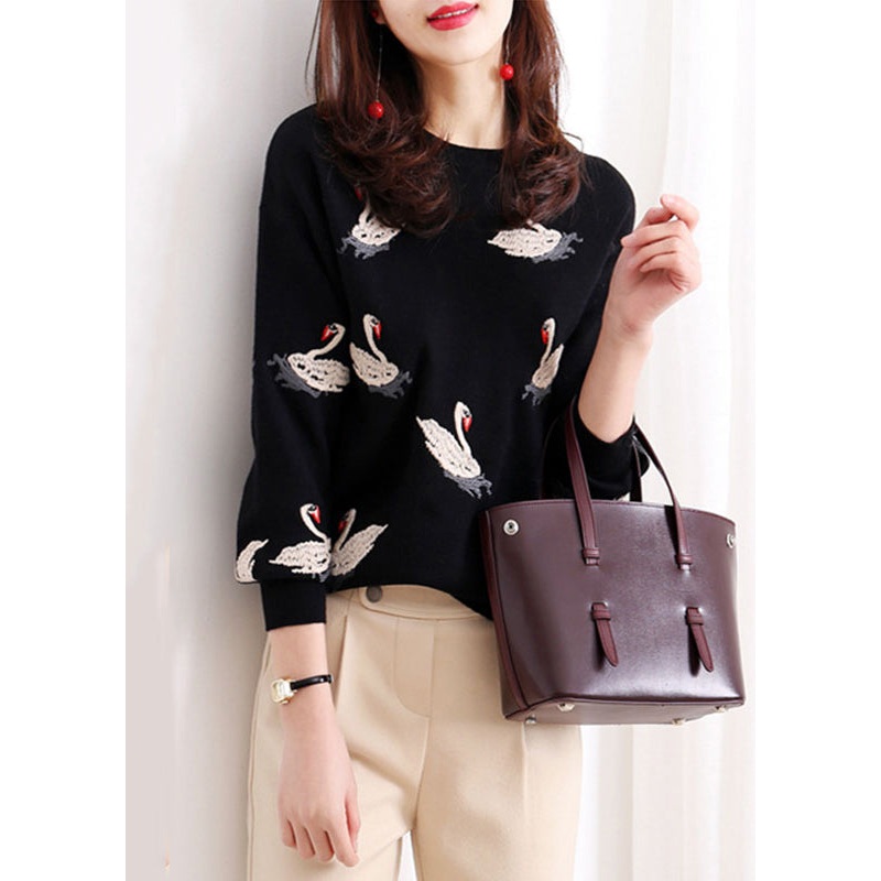 French Black O Neck Embroideried Knit Shirt Sweaters Long Sleeve
