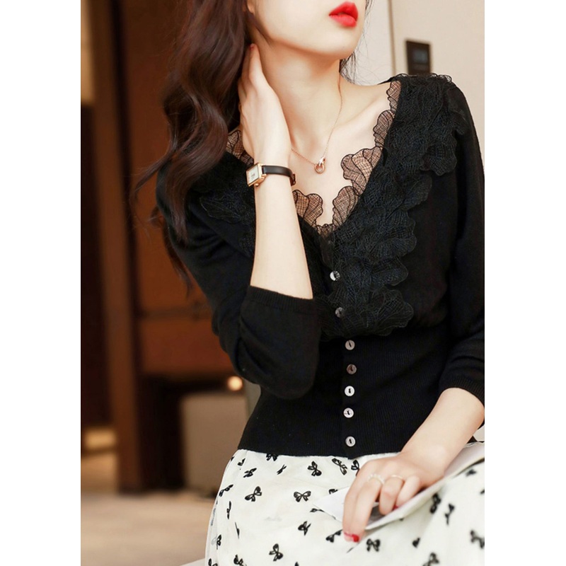 French Black V Neck Button Lace Patchwork Knit Top Fall