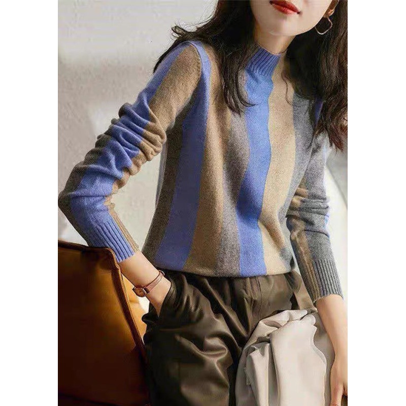 French Blue Half Hign Neck Striped Knitted Sweaters Fall