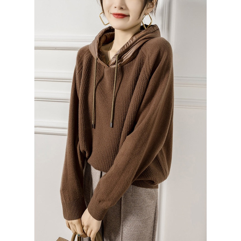 French Coffee Hooded Patchwork Wool Knit Sweaters Fall