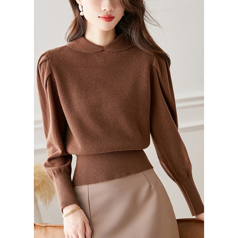 French Coffee Peter Pan Collar Puff Sleeve Patchwork Woolen Knit Pullover