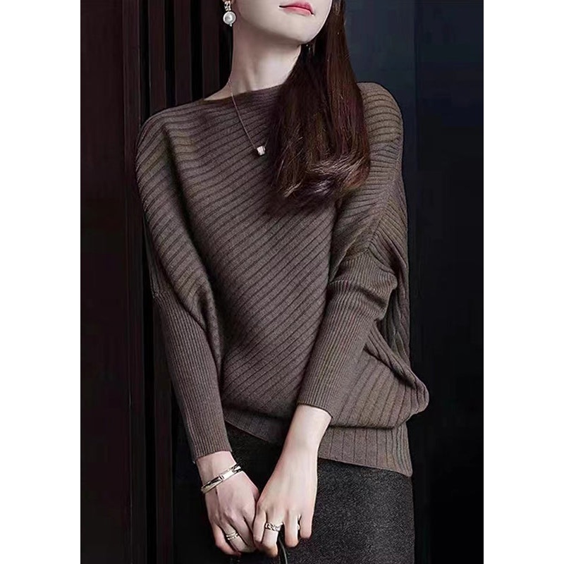 French Coffee Slash Neck Patchwork Knit Sweaters Batwing Sleeve
