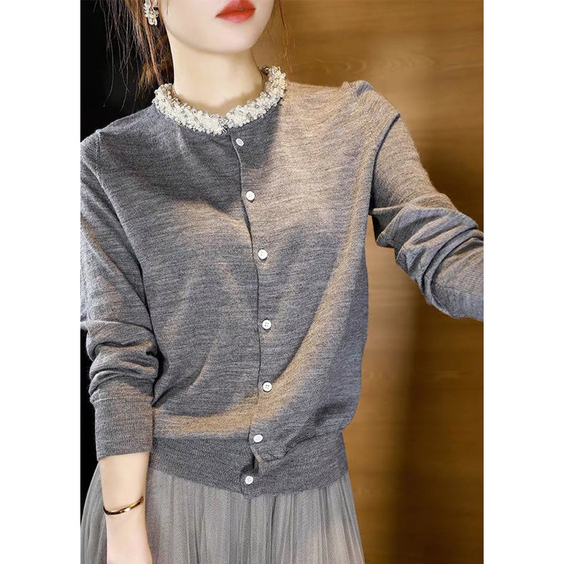 French Grey Button Nail Bead Patchwork Knit Tops Fall