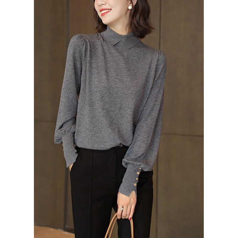 French Grey Peter Pan Collar Patchwork Woolen Knitted Tops Lantern Sleeve