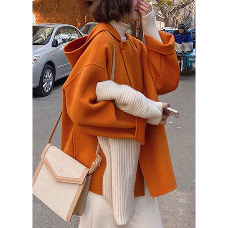 French Orange Patchwork Woolen Hooded Coat Fall