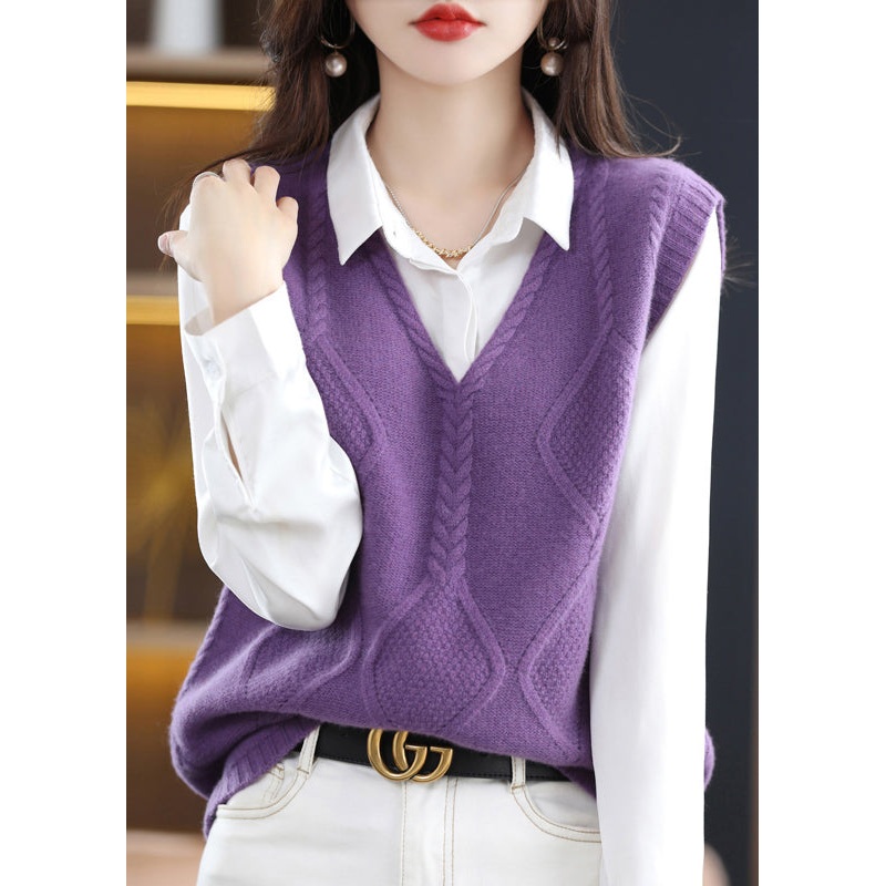 French Purple V Neck Patchwork Knit Woolen Vest Sleeveless