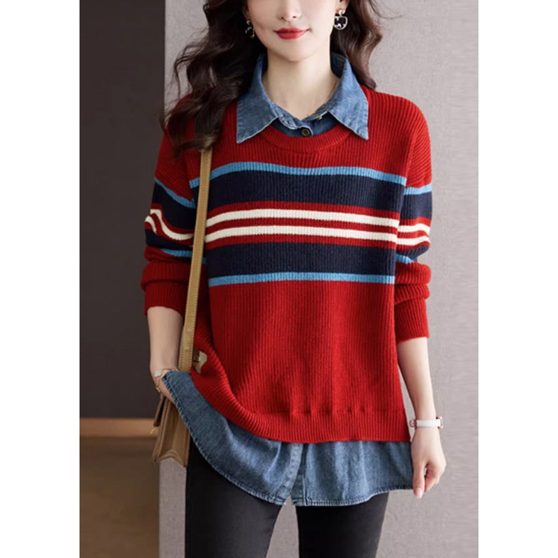 French Red Peter Pan Collar Denim Stitching Fake Two Piece Knit Top Autumn