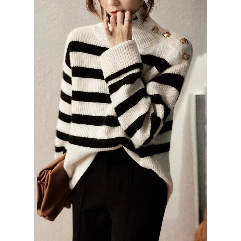 French Striped Turtleneck Patchwork Cozy Knit Sweaters Long Sleeve