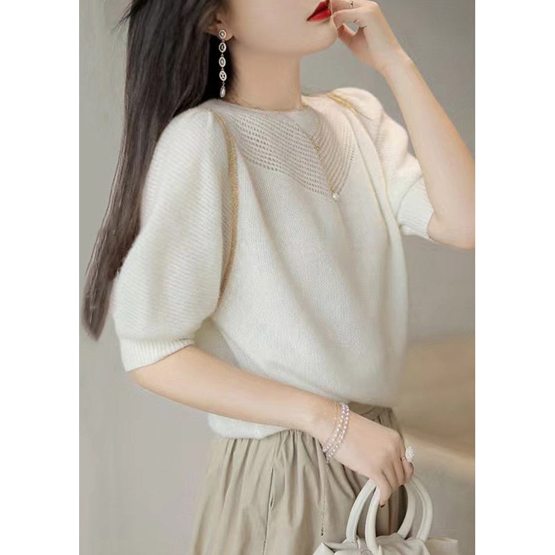 French White Hollow Out Puff Sleeve Patchwork Woolen Knit Tops