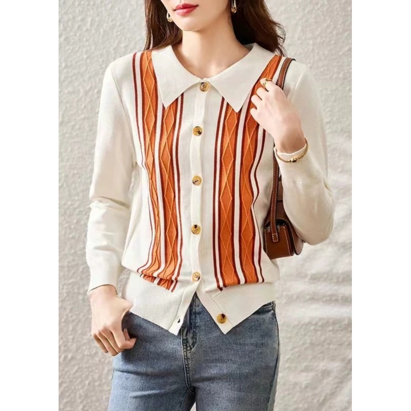 French White Peter Pan Collar Striped Patchwork Knit Sweaters Fall