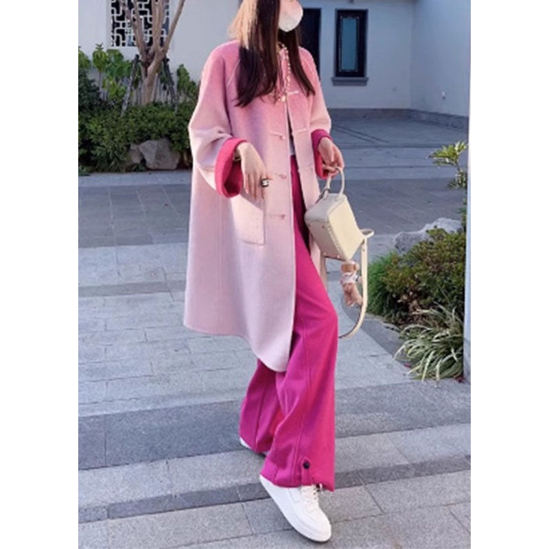 Gradient Color Rose Woolen Coats And Wide Leg Pants Two Pieces Set Fall