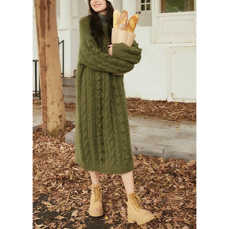Handmade Green O-Neck Side Open Cozy Cotton Knit Cable Sweater Dress Long Sleeve