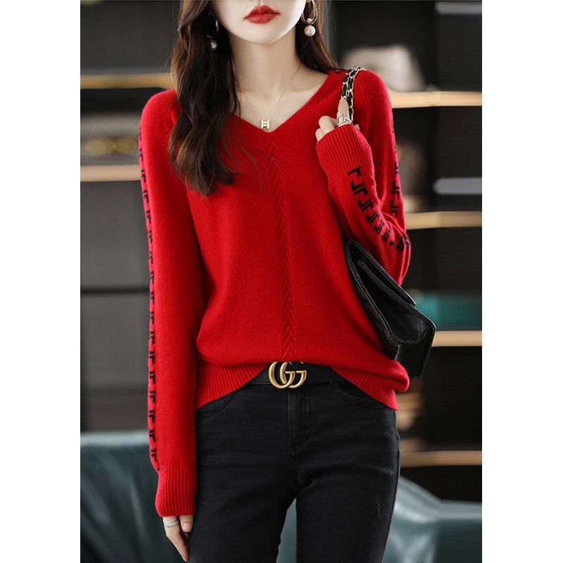 Handmade Red V Neck Jacquard Patchwork Woolen Sweaters Fall